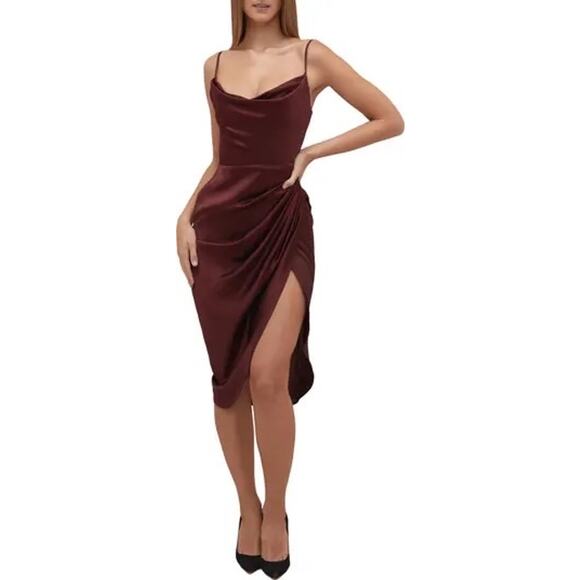 House of CB Dresses & Skirts - House of CB Reva Satin Gathered Corset Dress in chocolate sz M